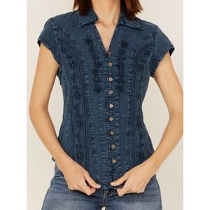 Scully Womens M Blue Cantina Embroidered Peruvian Cotton Western Top Button Up